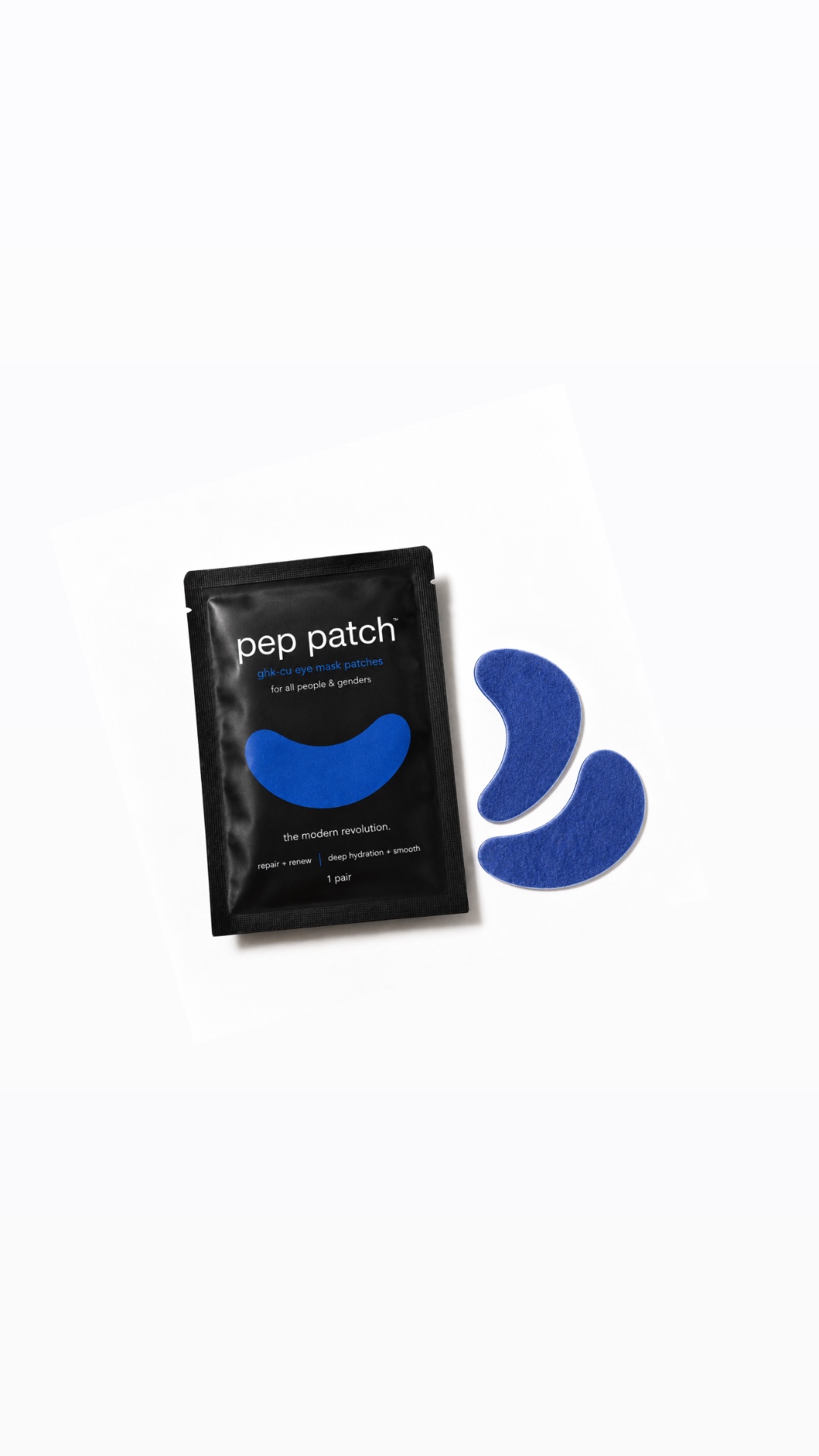 pep patch sachet next to two cobalt-blue eye patches on a white background