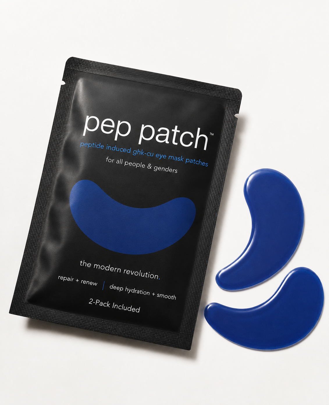 pep patch sachet with two cobalt-blue eye patches