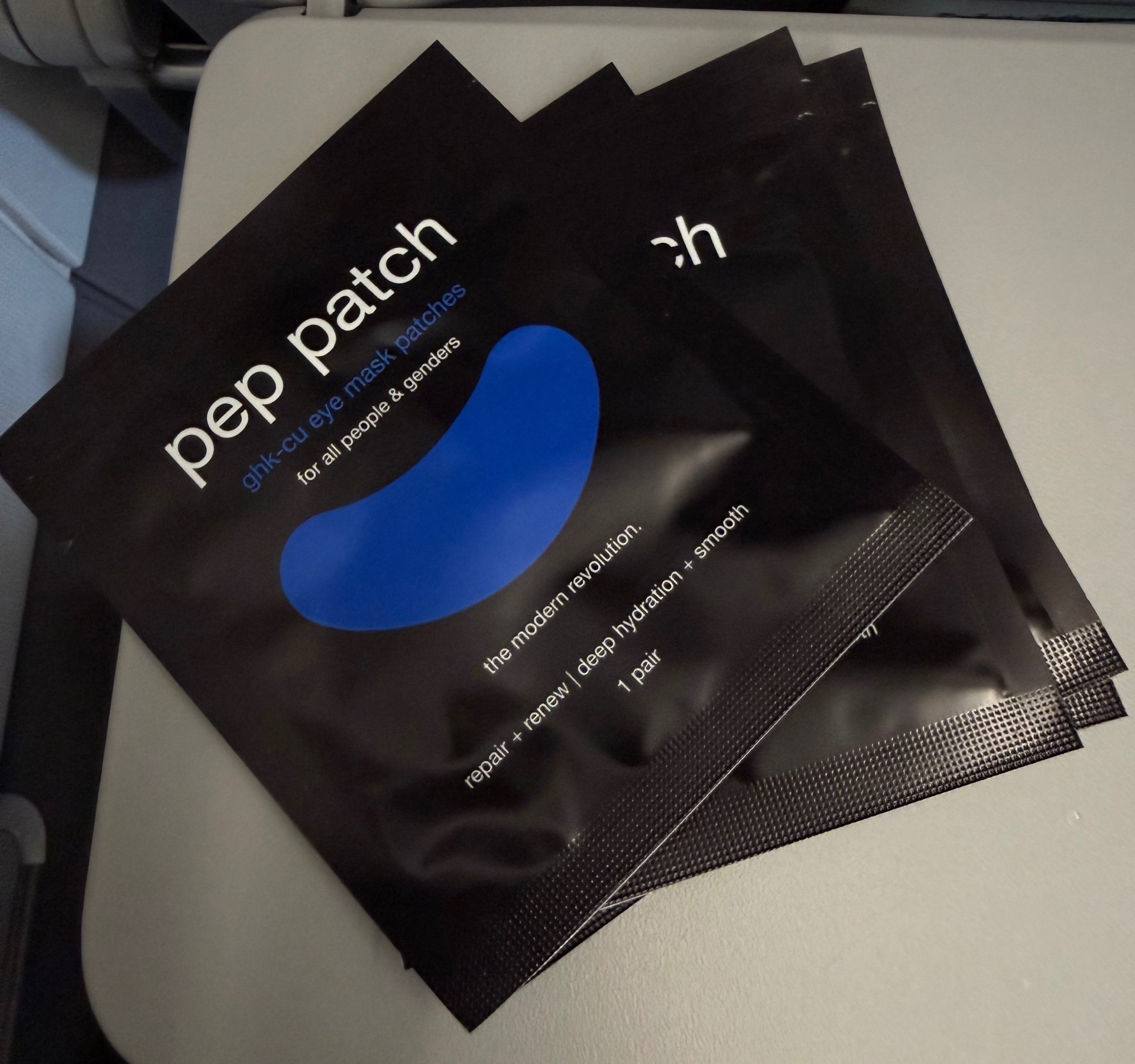 Pep Patch eye mask sachets ready to pack for travel