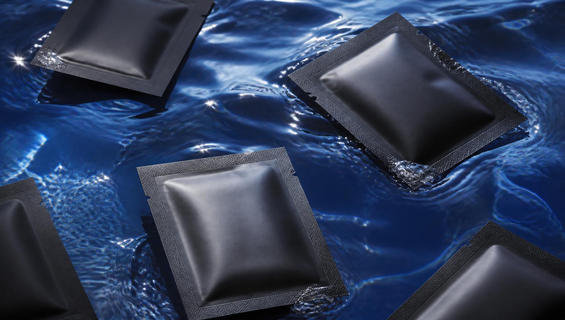 pep patch sachets floating on luminous blue water
