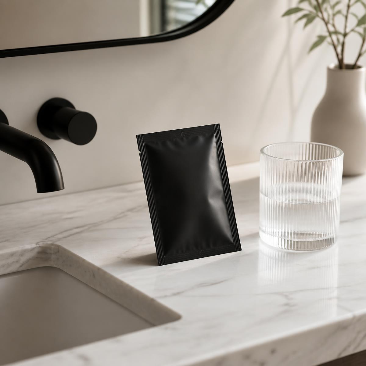 A pep patch sachet on a bathroom counter beside a folded towel in morning light