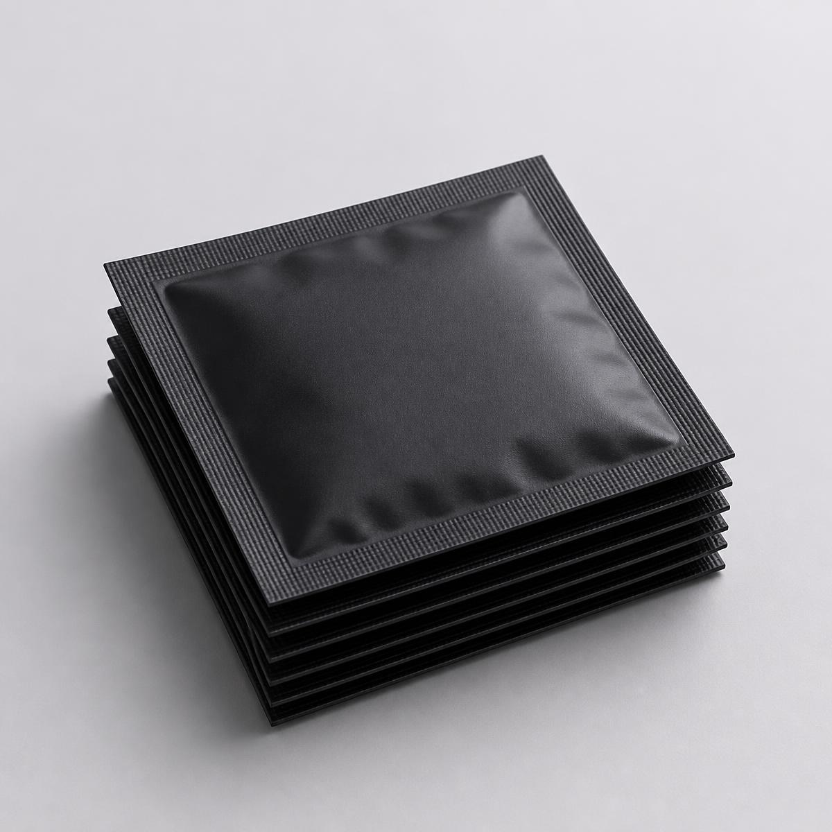 Stacked black pep patch sachets on a pale surface