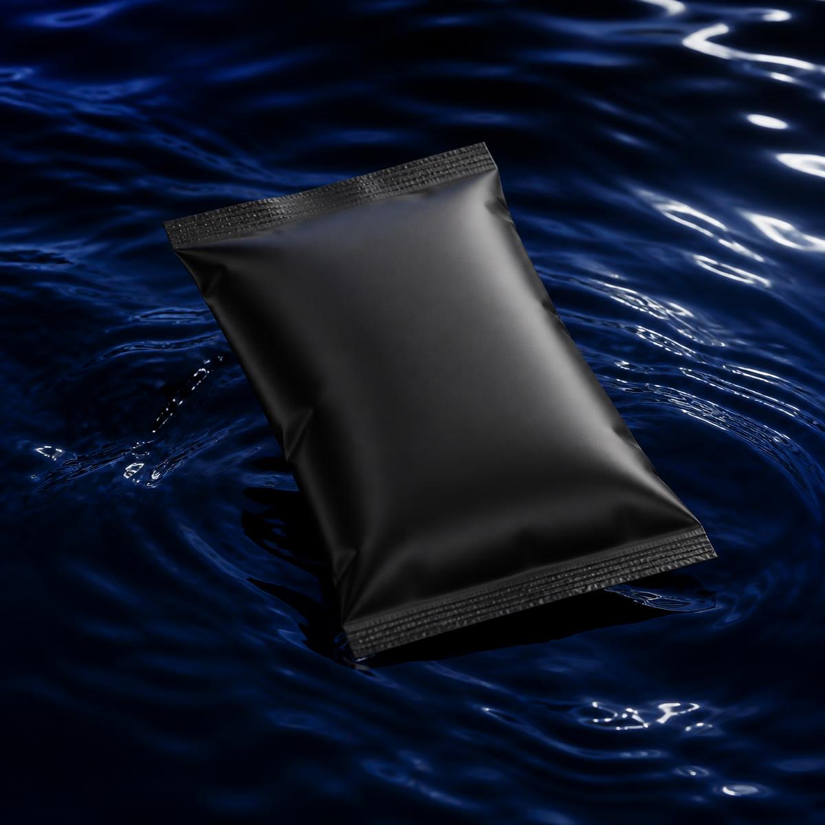 Chilled pep patch sachets floating in cobalt-blue water